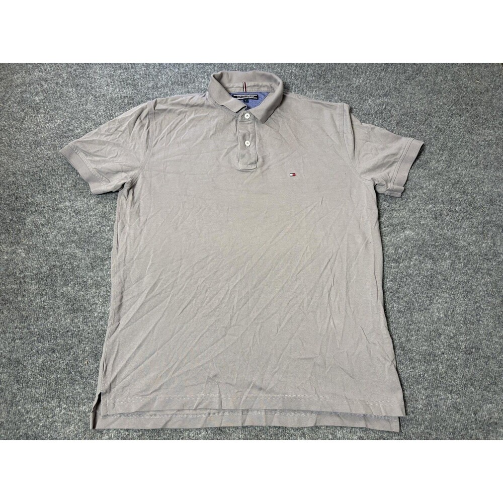 Tommy Hilfiger Polo Shirt Mens L Gray 100% Cotton Knit Logo Short Sleeve Casual